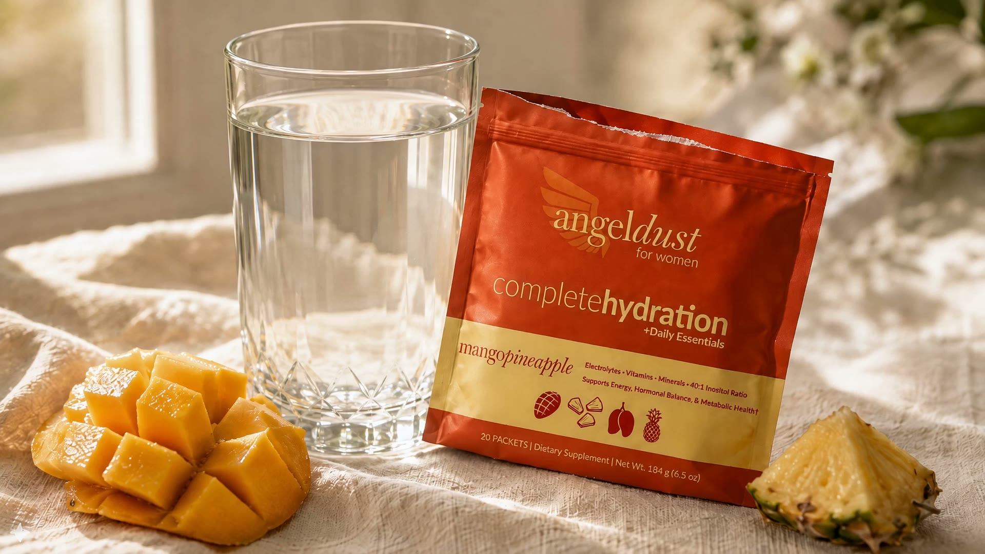 Angel Dust mango pineapple mixing into a glass of water